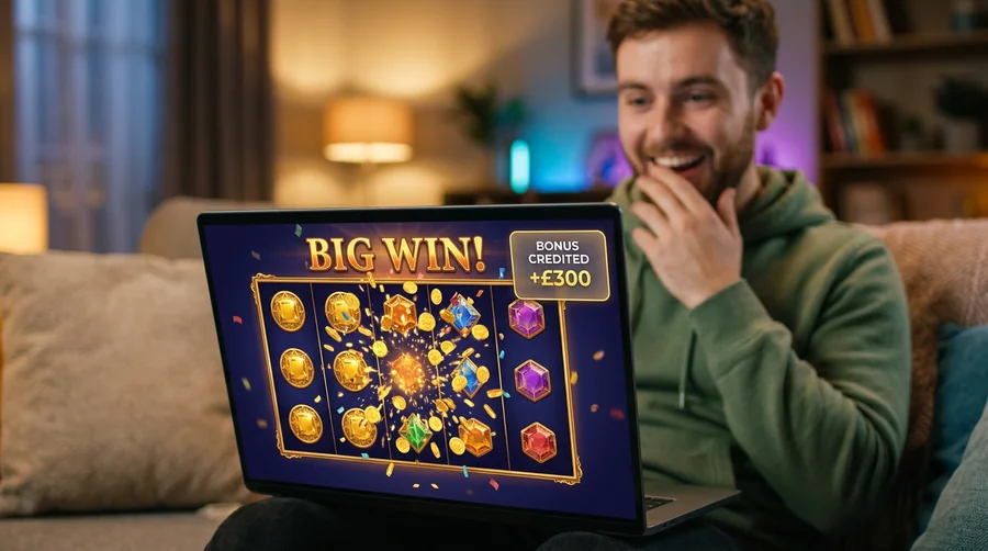 Online casino slot game showing a big-win celebration with bonus credited